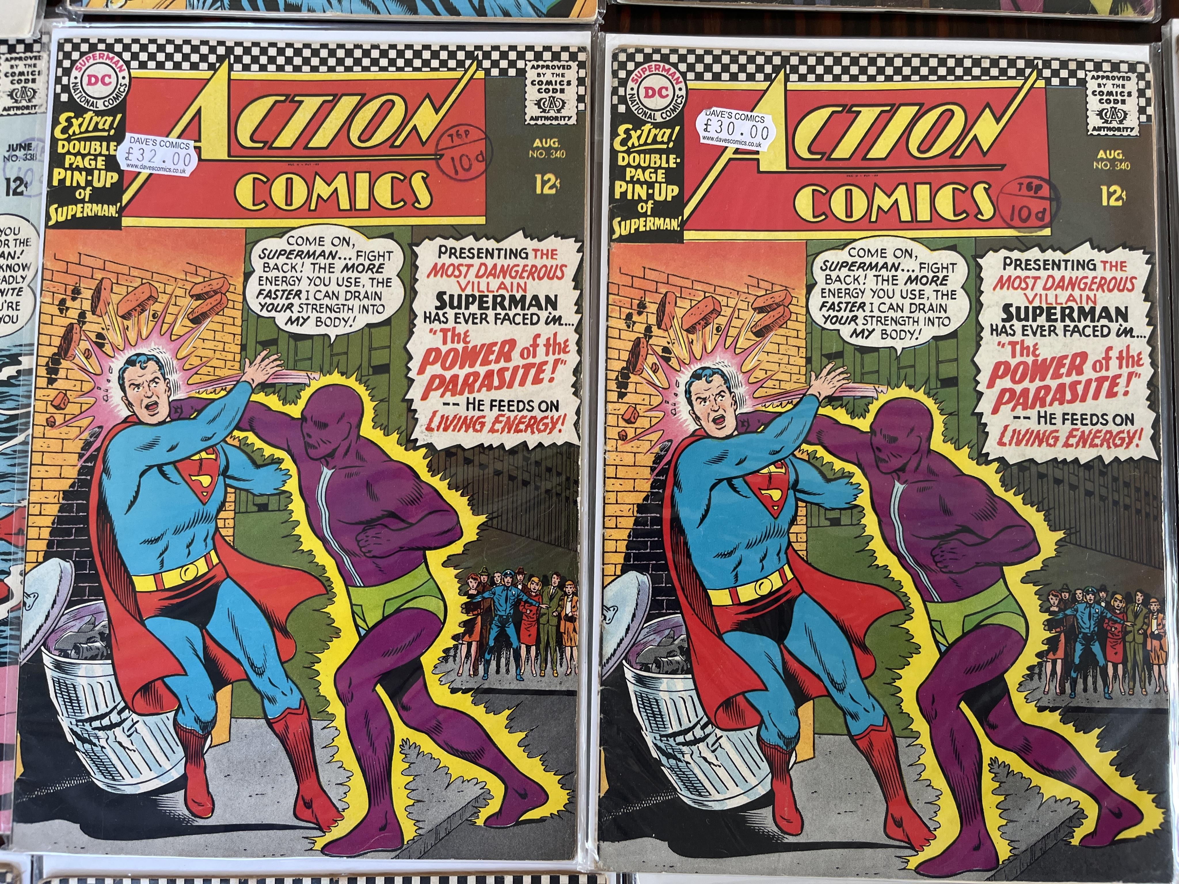 Action Comics, DC comics, 1966-1971, 36 issues between #336–403 (includes major key issue 340), comprising #336, #337, #338 x3, #340 [MAJOR key] x2, #341 x2, #344, #345 x2, #348 [minor key], #349 x2, #352, #353 x2, #356